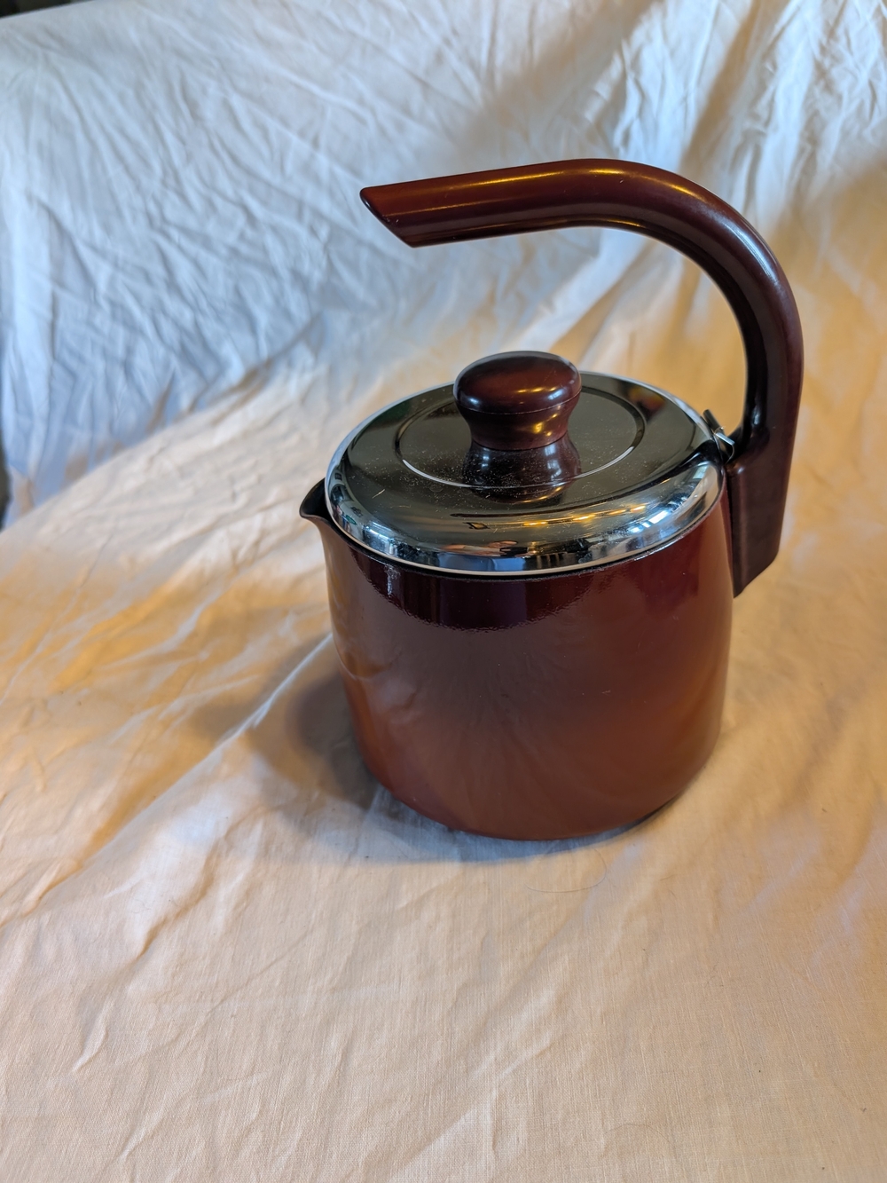 2/80$ Vintage burgundy enamel Coffee Pot with Chrome Lid and Handle